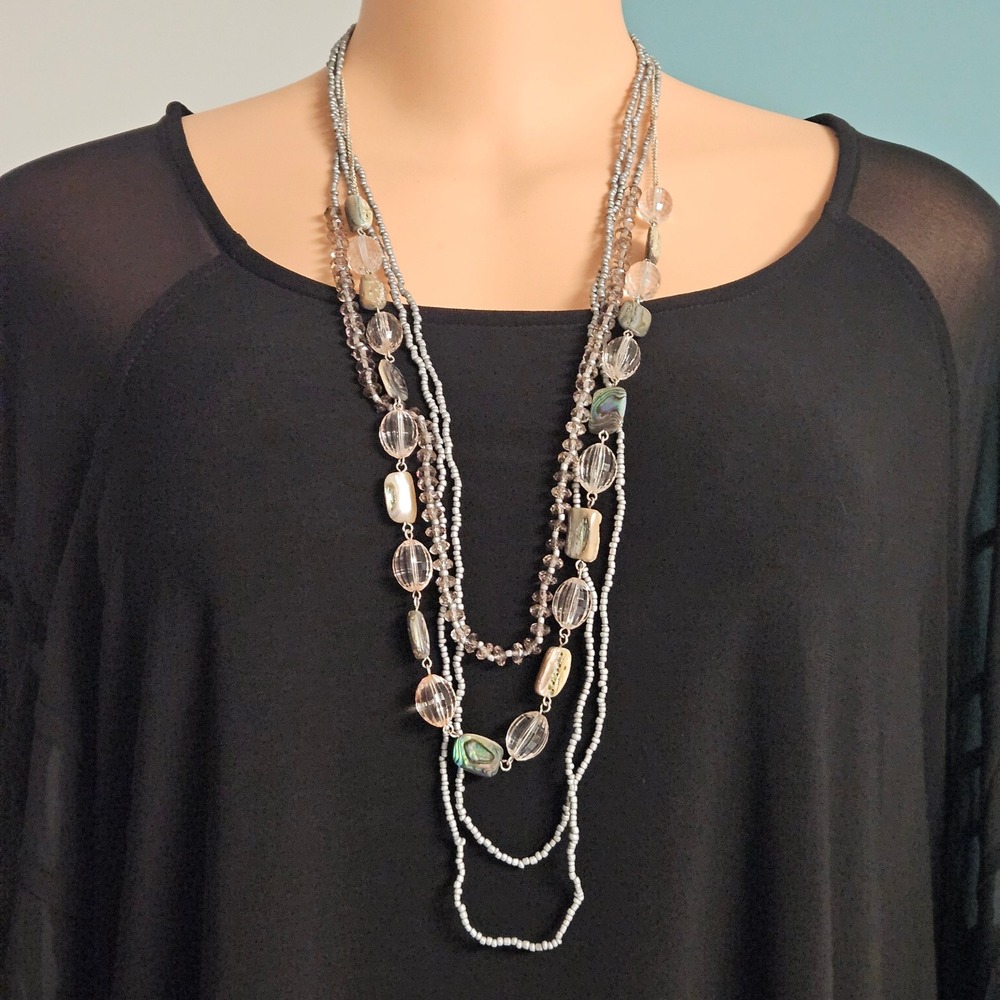 Coldwater Creek Multi Strand Necklace Women OS Silver Abalone Shell Beaded Boho
